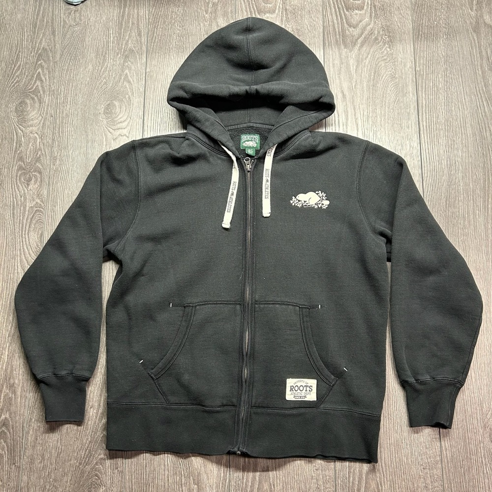 Roots Athletics Mens Full Zip Hoodie Small Black Beaver Logo Fleece Sweatshirt
